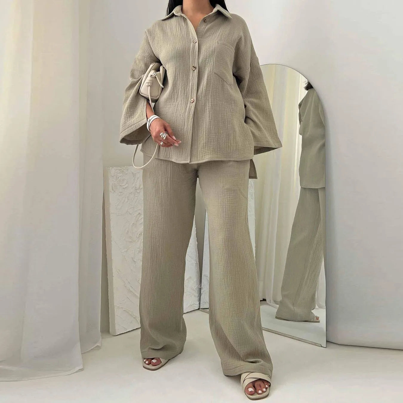 Two Piece Set with Pocket Shirt and Wide Leg Pants