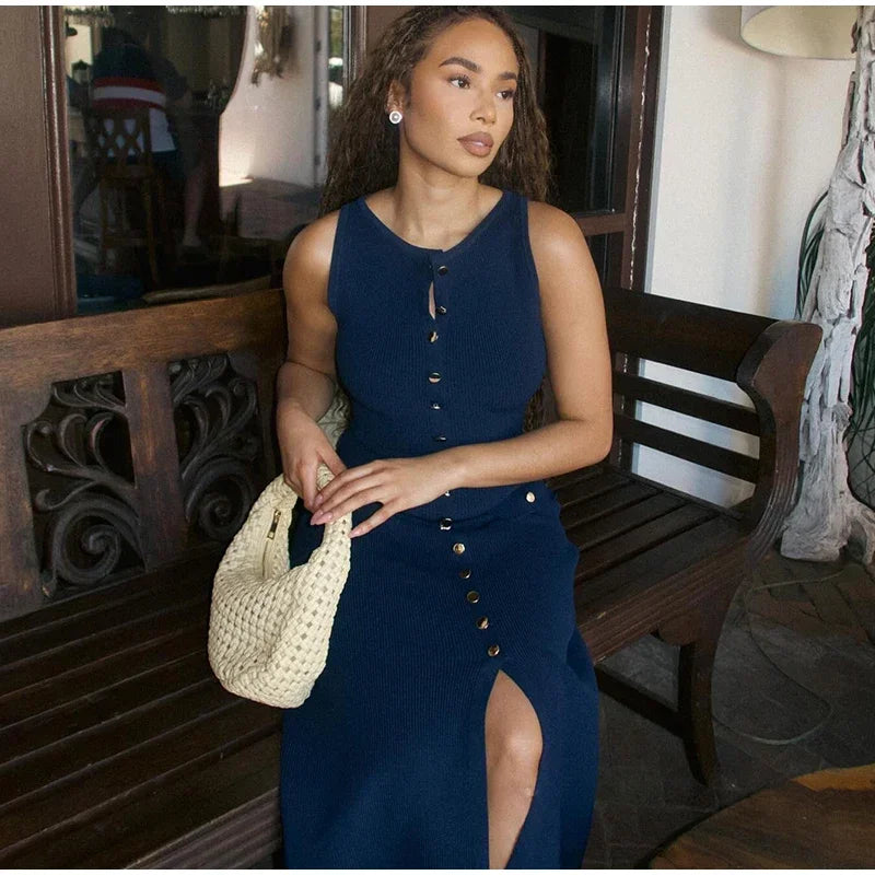 Knit Ribbed Sleeveless Cardigan Maxi dress