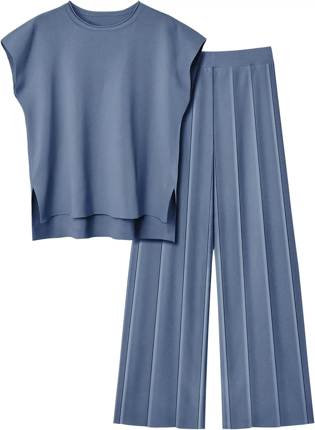 Knitted Two Piece Sleeveless Round Neck Top with High Wasted Wide Leg Pants