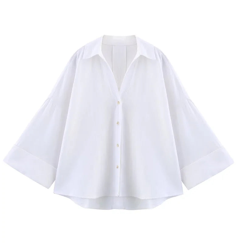 Women's Loose Casual Wide Sleeve Button up Blouse