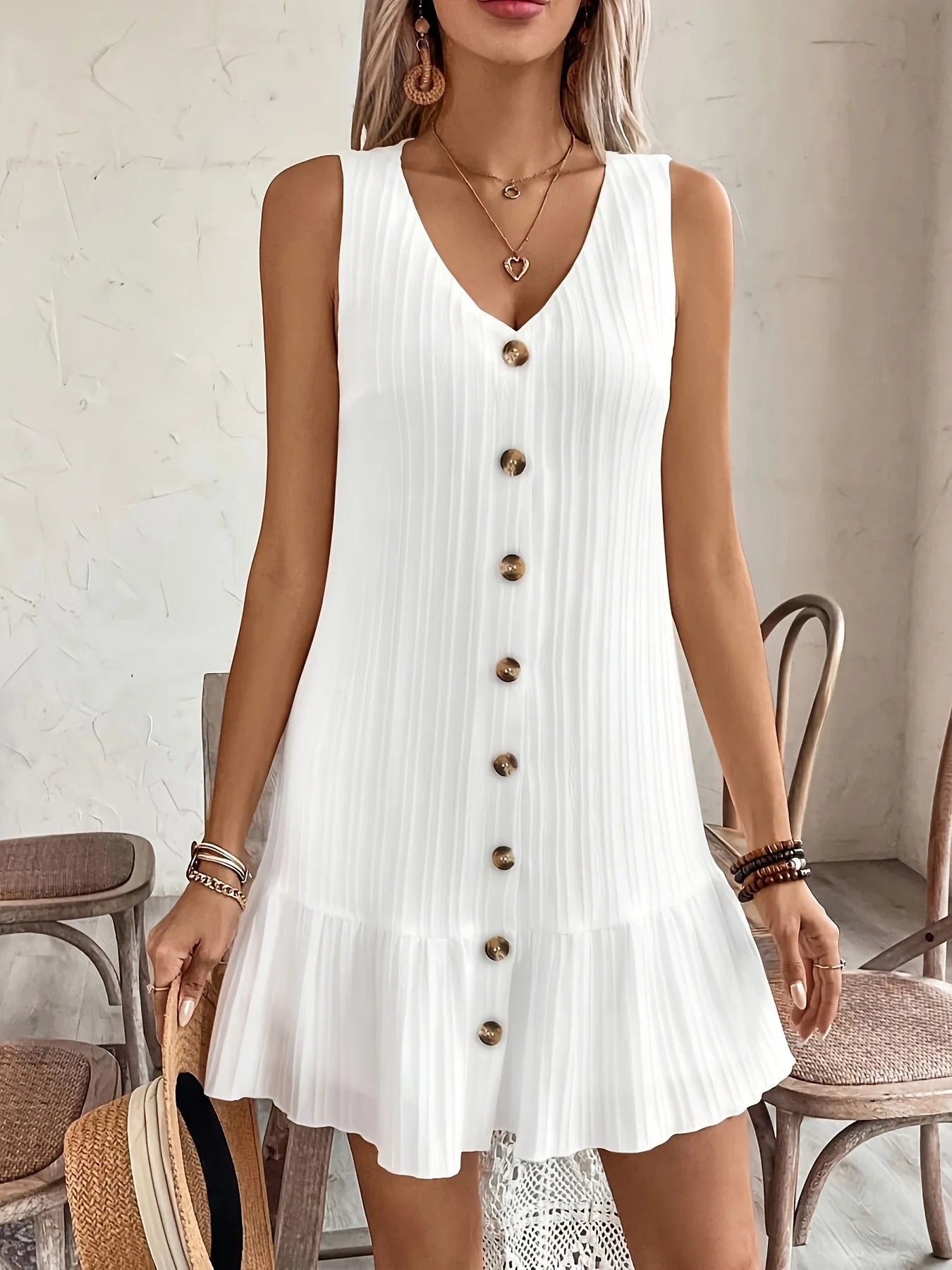 Sleeveless Casual Dress with Ruffle Trim and Button Front Design