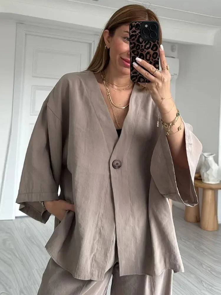 Women Loose Cotton Linen One Button Half Sleeve V-Neck Top & Pants Two-Piece Set