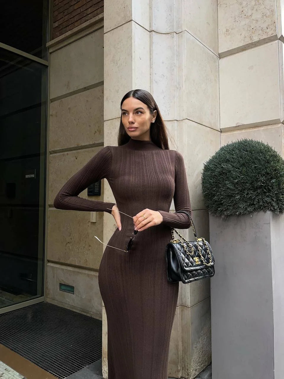 Slim Long-Sleeved Striped Turtleneck Knitted Dress