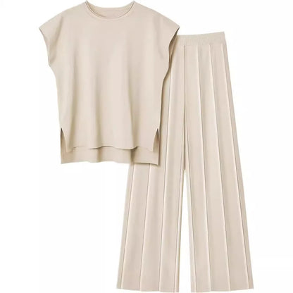 Knitted Two Piece Sleeveless Round Neck Top with High Wasted Wide Leg Pants