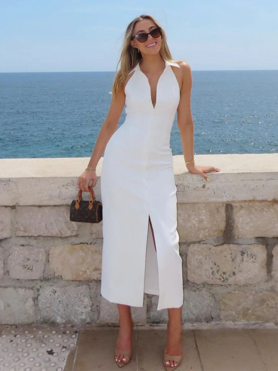 Solid Slim Fit Sleeveless Collared Single Breasted Dress