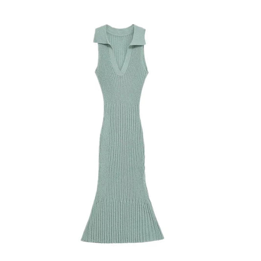Women's Trimmed Knitted Long collared dress