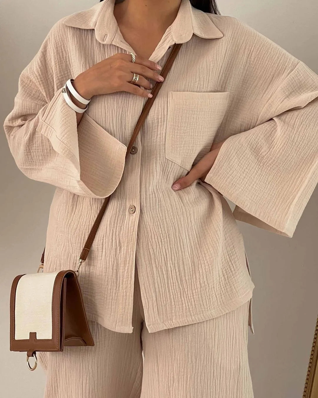 Two Piece Set with Pocket Shirt and Wide Leg Pants