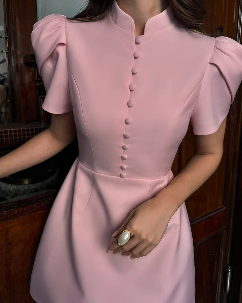 Elegant Stand Collar Puff Sleeves High Waist Dress