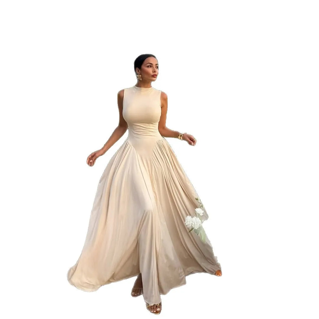 Slim Solid Color Big Hem Long Sleeveless Pleated Evening Dress
