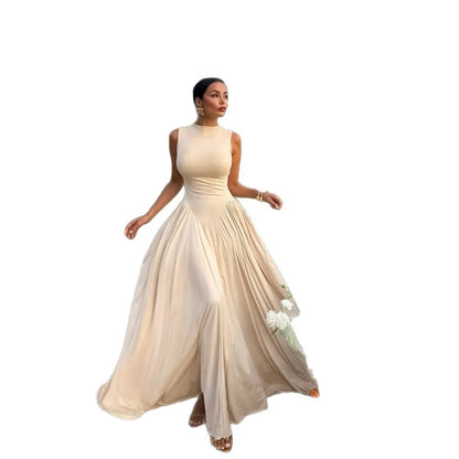 Slim Solid Color Big Hem Long Sleeveless Pleated Evening Dress