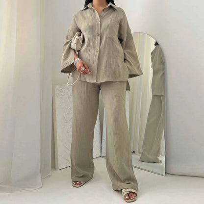 Two Piece Set with Pocket Shirt and Wide Leg Pants