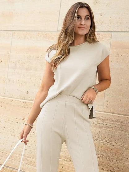 Knitted Two Piece Sleeveless Round Neck Top with High Wasted Wide Leg Pants
