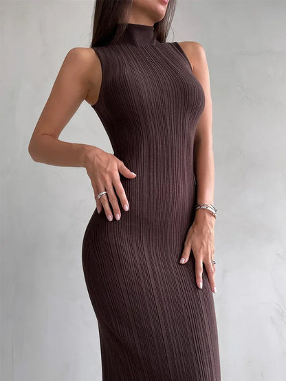 Sleeveless Ribbed Knit Turtleneck Maxi Dress