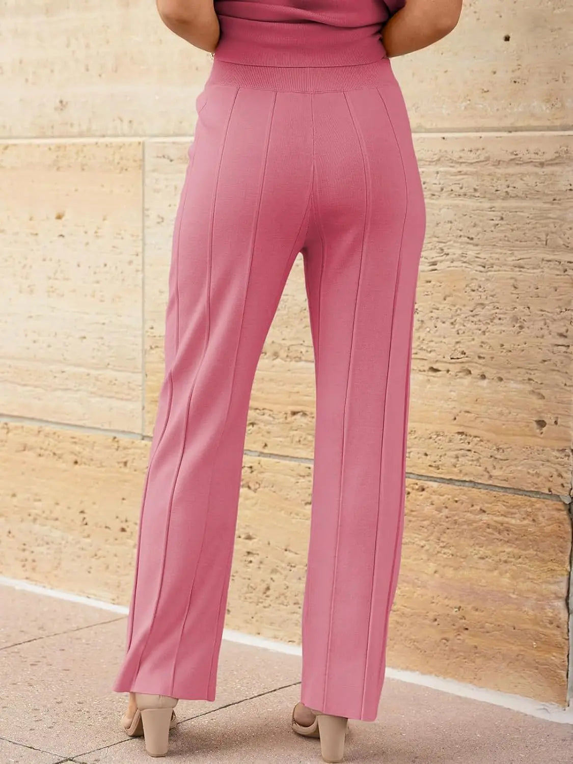 Knitted Two Piece Sleeveless Round Neck Top with High Wasted Wide Leg Pants