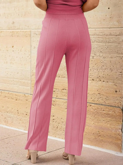 Knitted Two Piece Sleeveless Round Neck Top with High Wasted Wide Leg Pants
