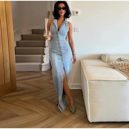 Sleeveless Denim Collared Maxi Dress