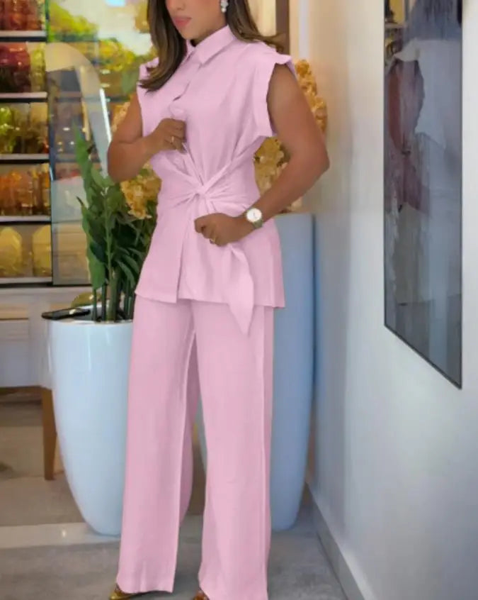 Elegant Short-sleeved Single Breasted Pants Set