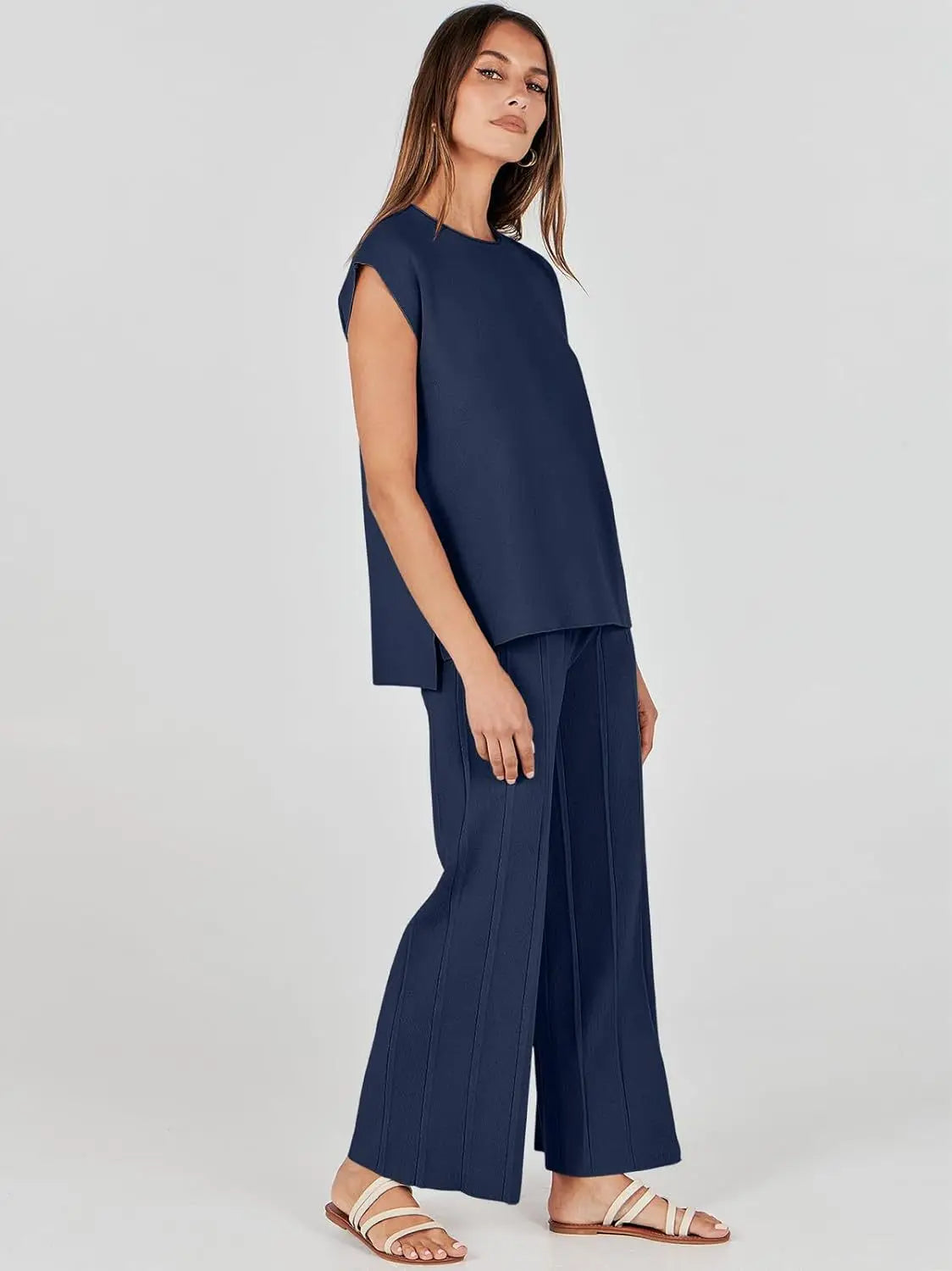 Knitted Two Piece Sleeveless Round Neck Top with High Wasted Wide Leg Pants