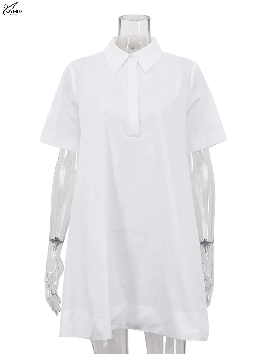 White Turn-Down Collar Half Sleeve Button Dress