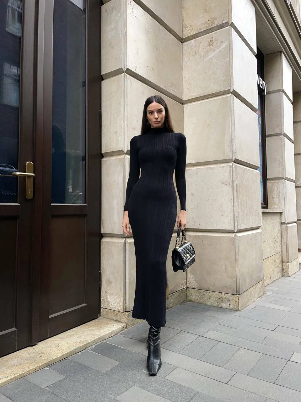 Slim Long-Sleeved Striped Turtleneck Knitted Dress