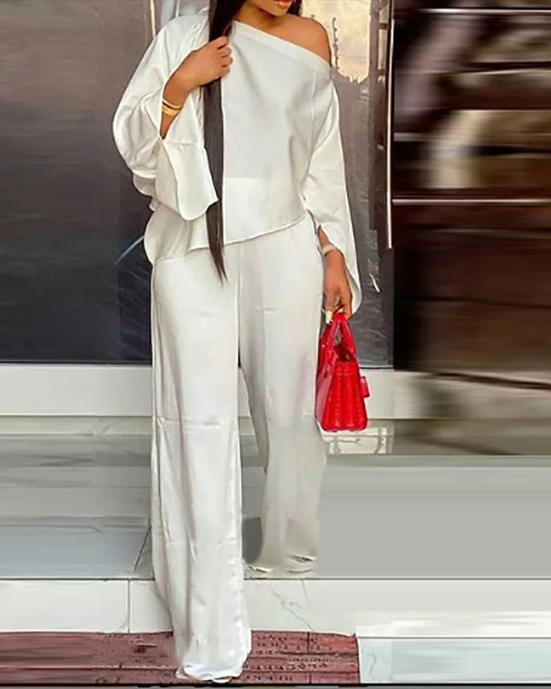 Diagonal Shoulder Wide Leg Trouser 2 piece Set