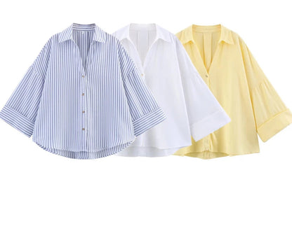 Women's Loose Casual Wide Sleeve Button up Blouse