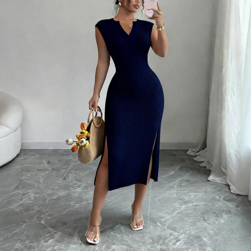 Knitted Sleeveless V-Neck Side Slit Maxi Dress