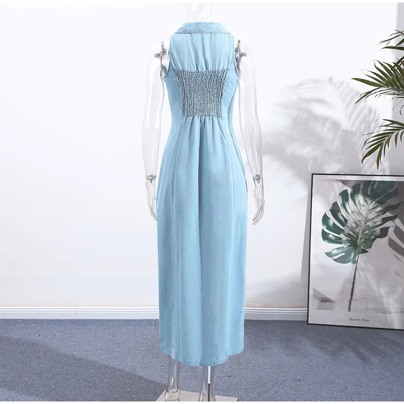 Sleeveless Denim Collared Maxi Dress