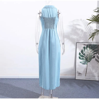 Sleeveless Denim Collared Maxi Dress