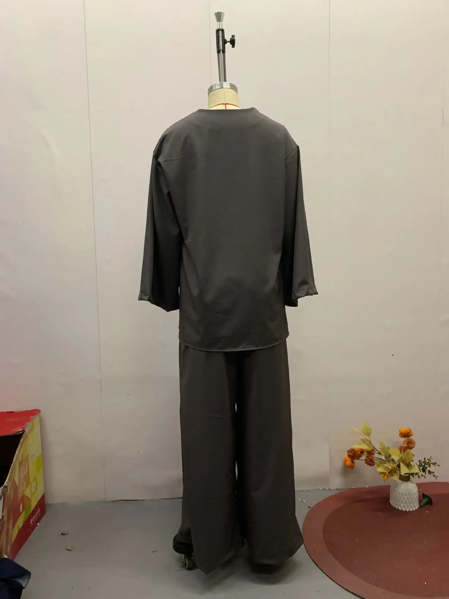 Women Loose Cotton Linen One Button Half Sleeve V-Neck Top & Pants Two-Piece Set