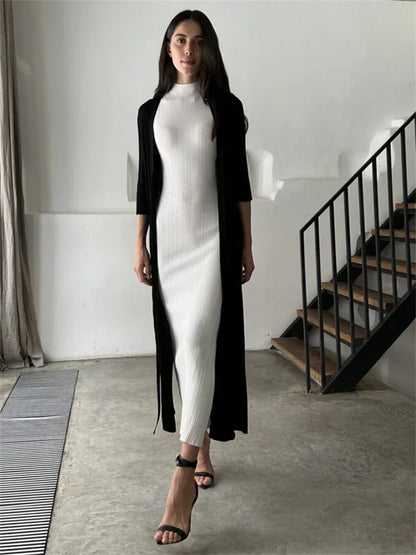 Sleeveless Ribbed Knit Turtleneck Maxi Dress