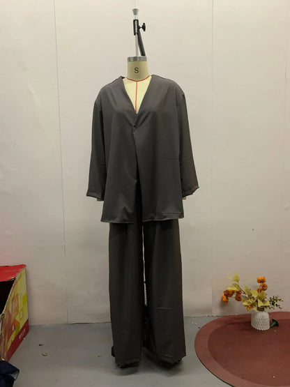 Women Loose Cotton Linen One Button Half Sleeve V-Neck Top & Pants Two-Piece Set