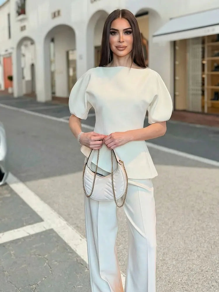 Elegant Asymmetrical Hem Solid Puff Sleeve Blouse