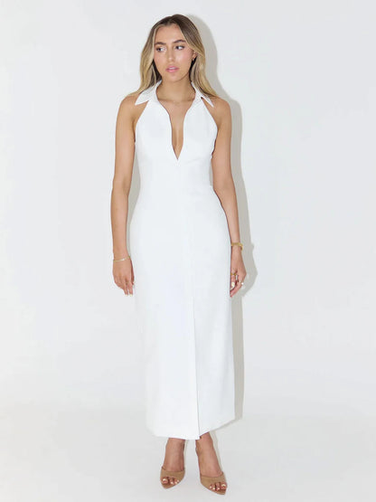 Solid Slim Fit Sleeveless Collared Single Breasted Dress