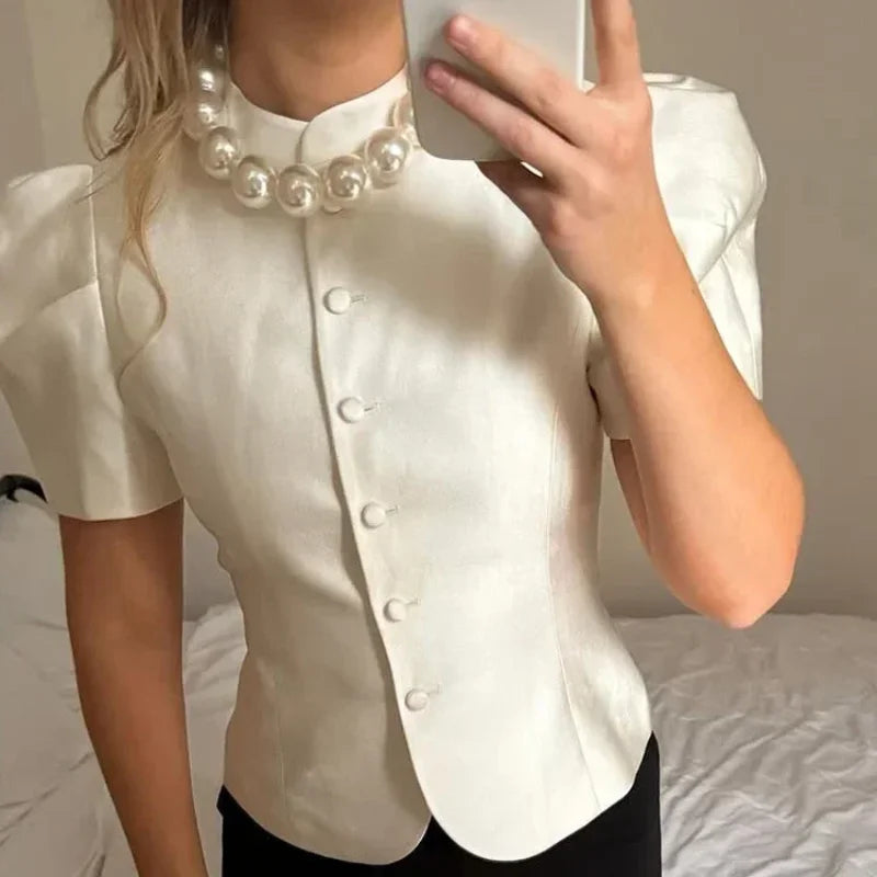 Satin Solid Round Neck Puffer Short Sleeve Button-up Blouse