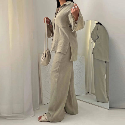 Two Piece Set with Pocket Shirt and Wide Leg Pants