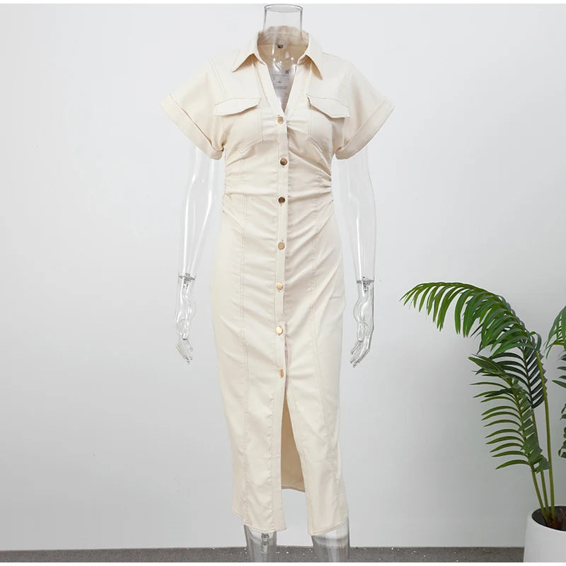 White Sleeveless Collared Denim Maxi Dress