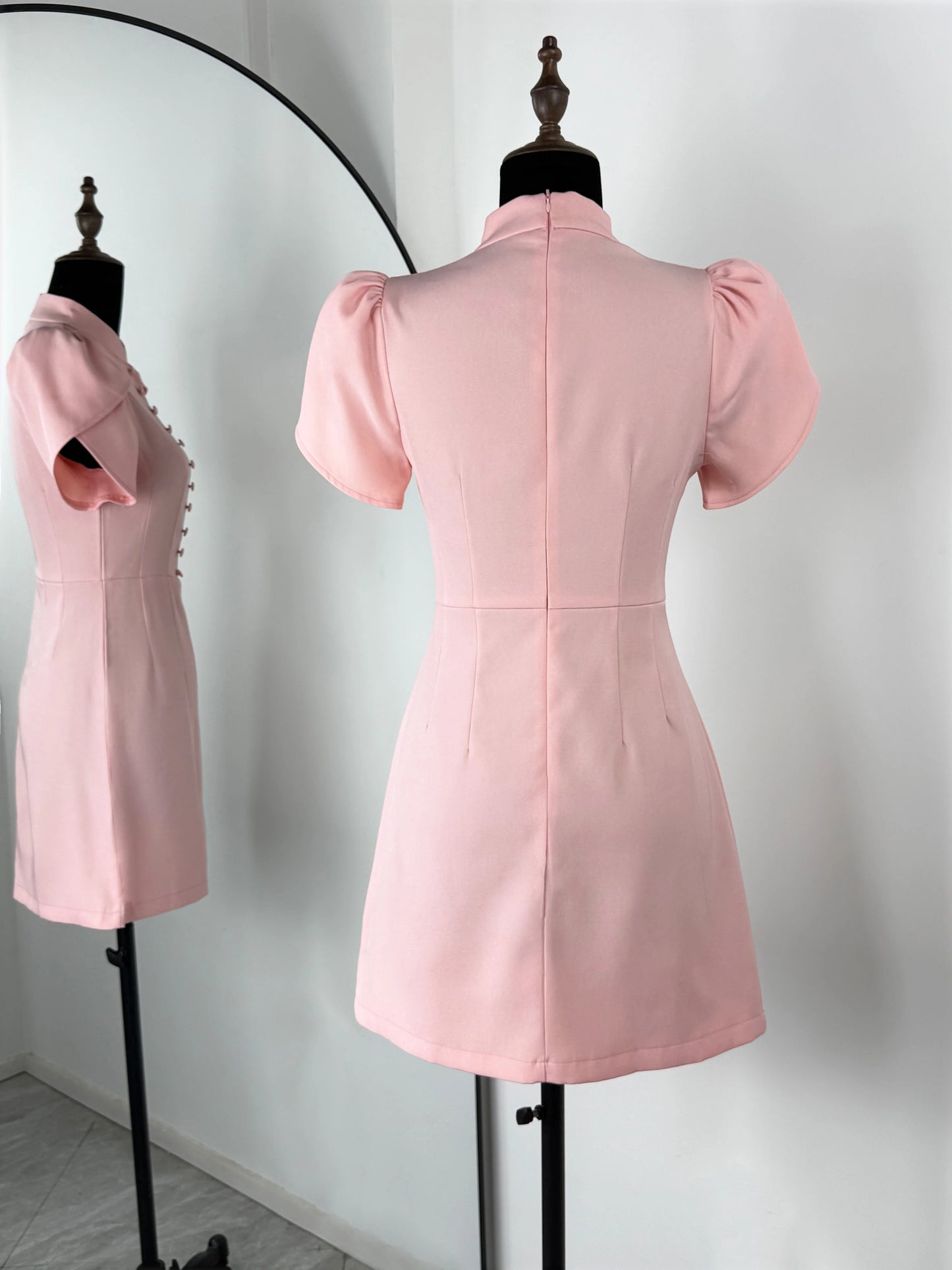 Elegant Stand Collar Puff Sleeves High Waist Dress