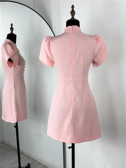 Elegant Stand Collar Puff Sleeves High Waist Dress