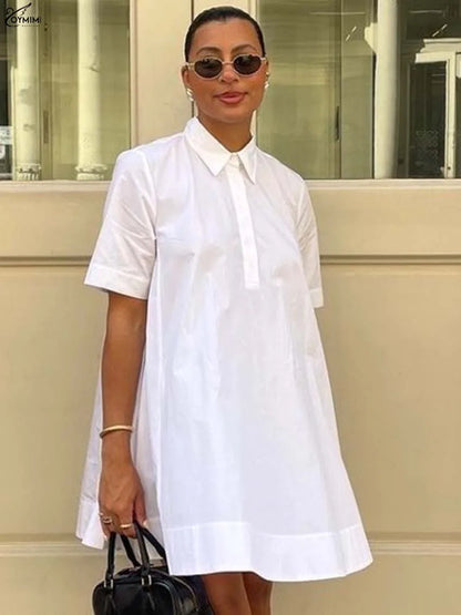 White Turn-Down Collar Half Sleeve Button Dress