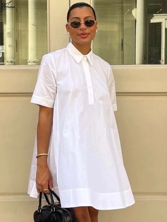 White Turn-Down Collar Half Sleeve Button Dress
