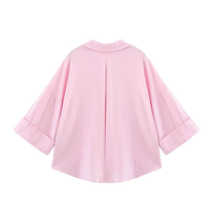 Women's Loose Casual Wide Sleeve Button up Blouse