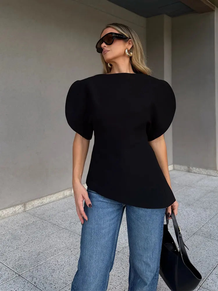 Elegant Asymmetrical Hem Solid Puff Sleeve Blouse