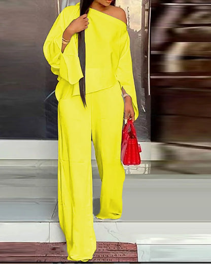 Diagonal Shoulder Wide Leg Trouser 2 piece Set
