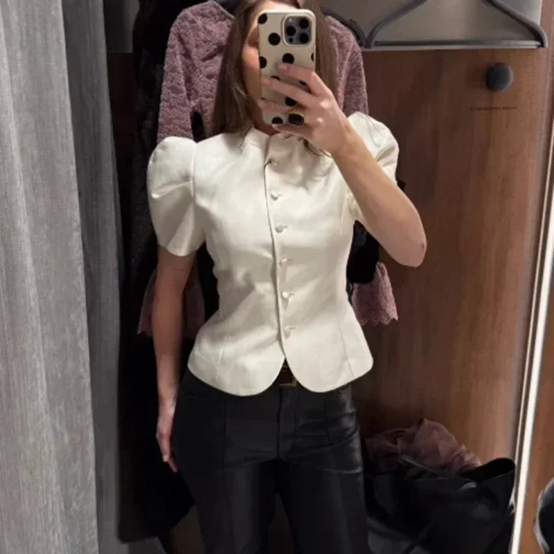 Satin Solid Round Neck Puffer Short Sleeve Button-up Blouse
