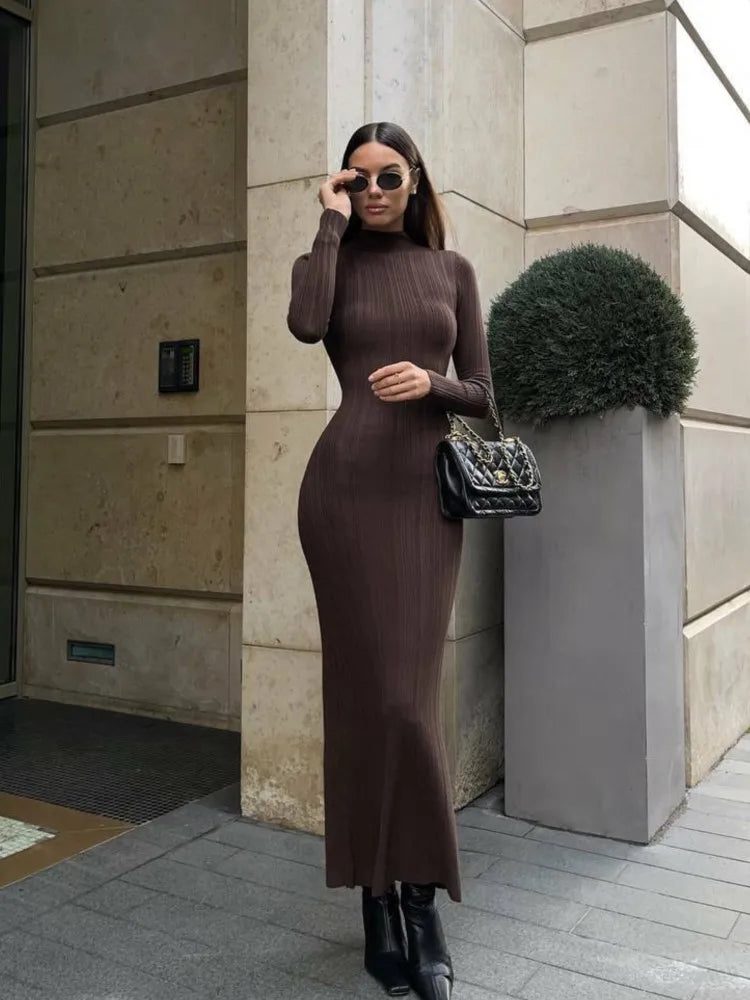 Slim Long-Sleeved Striped Turtleneck Knitted Dress