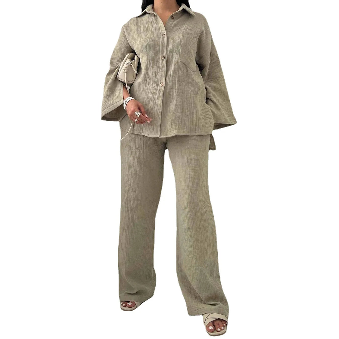 Two Piece Set with Pocket Shirt and Wide Leg Pants