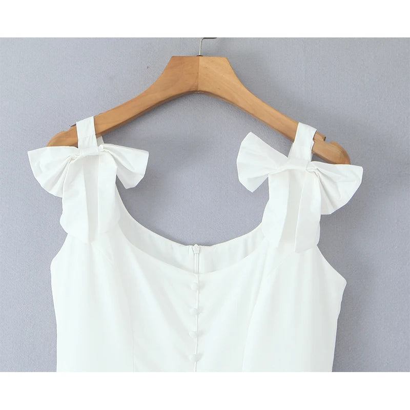 White Bow Strap Sleeveless Dress