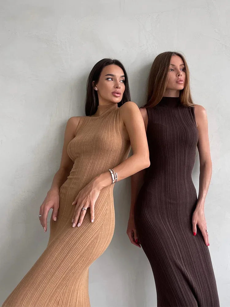 Sleeveless Ribbed Knit Turtleneck Maxi Dress
