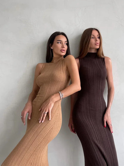 Sleeveless Ribbed Knit Turtleneck Maxi Dress